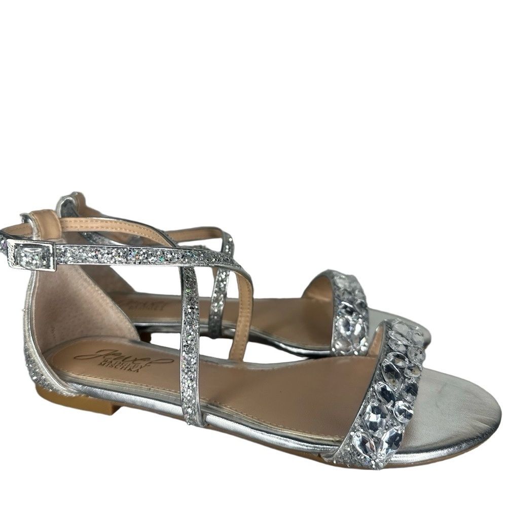 Jewel Badgley Mischka Flat Sandal 5 Glitter Crystal Wedding Bridal Silver Osome